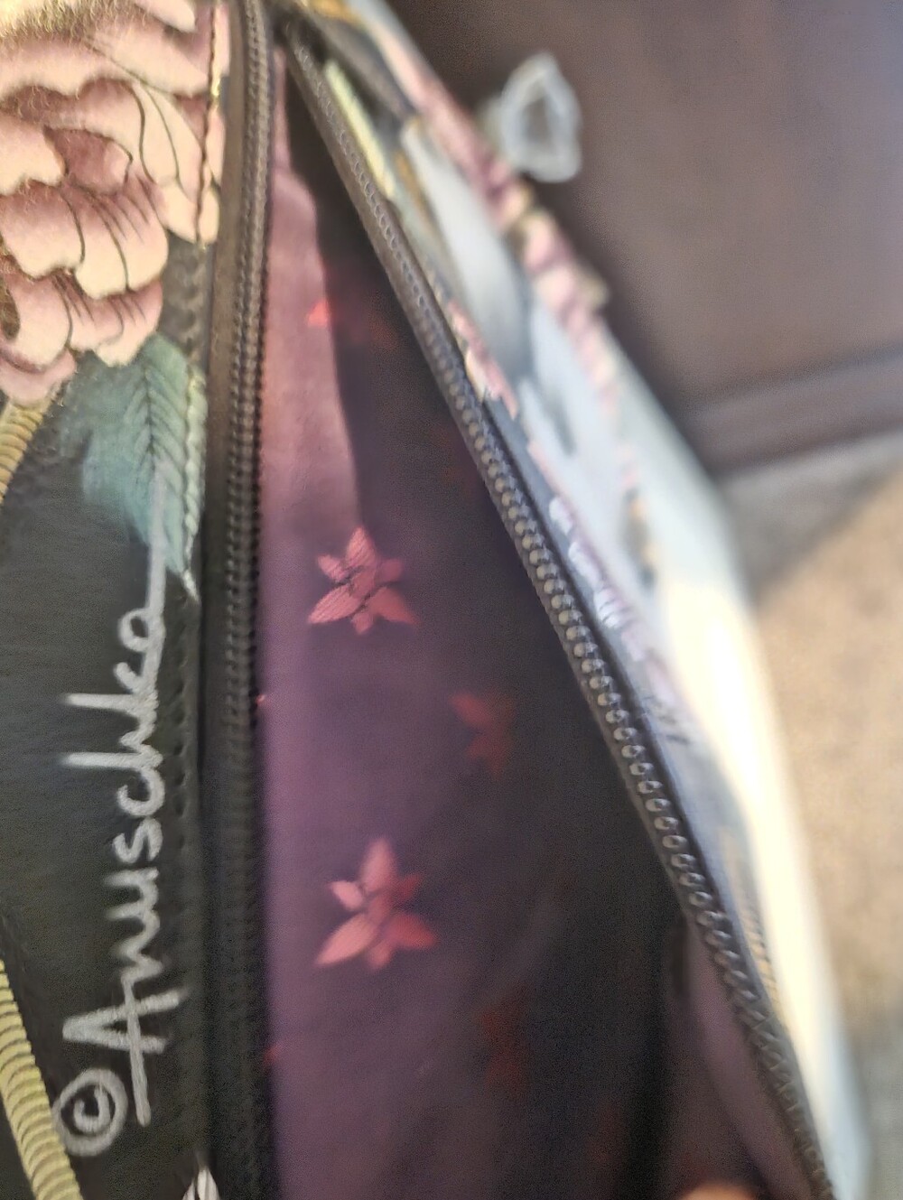 Anuschka Hand Painted Floral Guardian Angel Black and Pink Purse - Picture 5 of 14